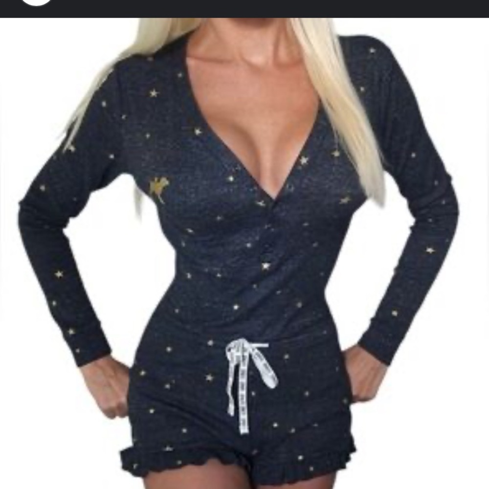 Long Sleeve Deep V Star-Print Romper in Dark Navy
